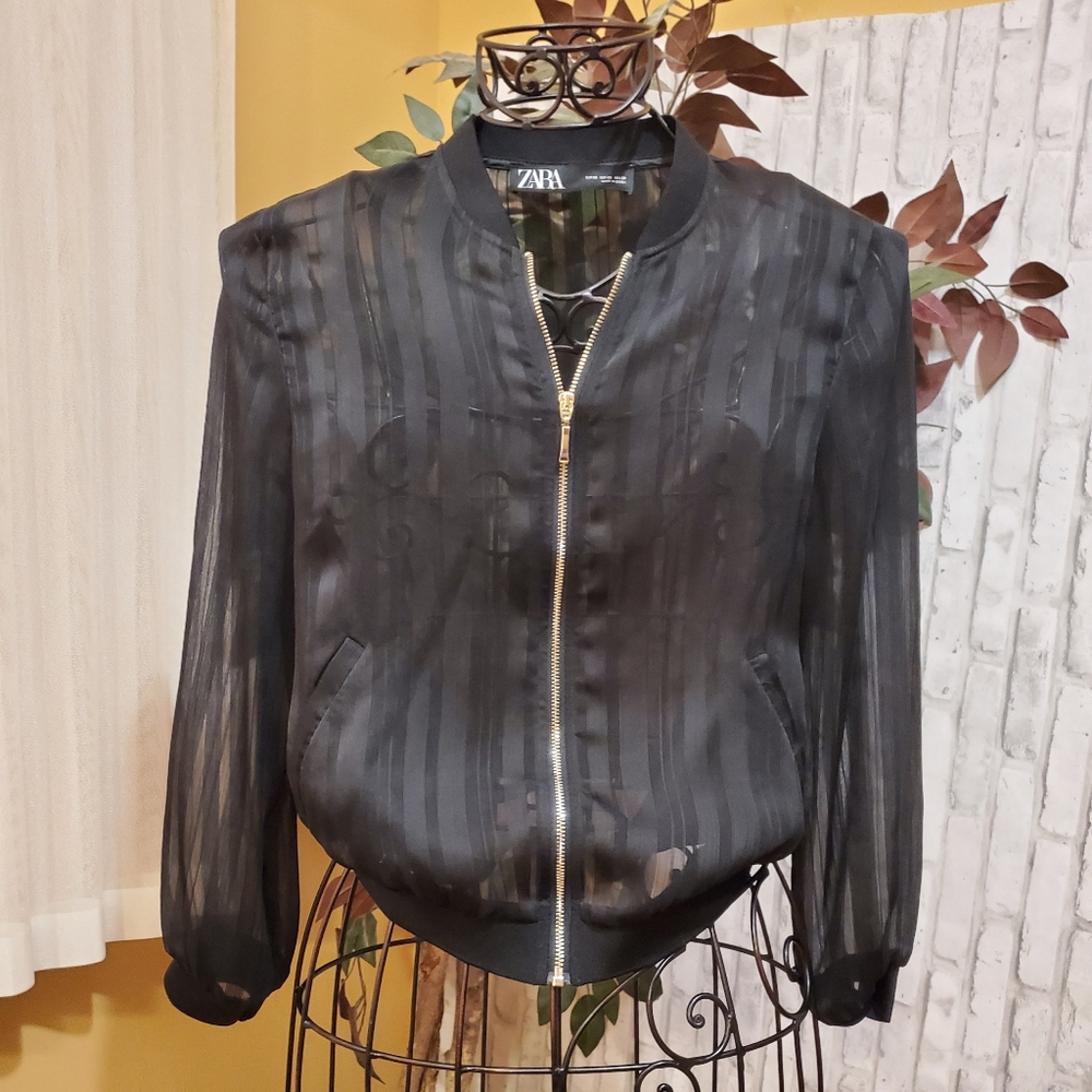 Zara Semi Sheer Black Striped Bomber Jacket